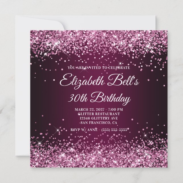 Convites Glittery Burgundy Wine Ombre 40th Birthday (Frente)