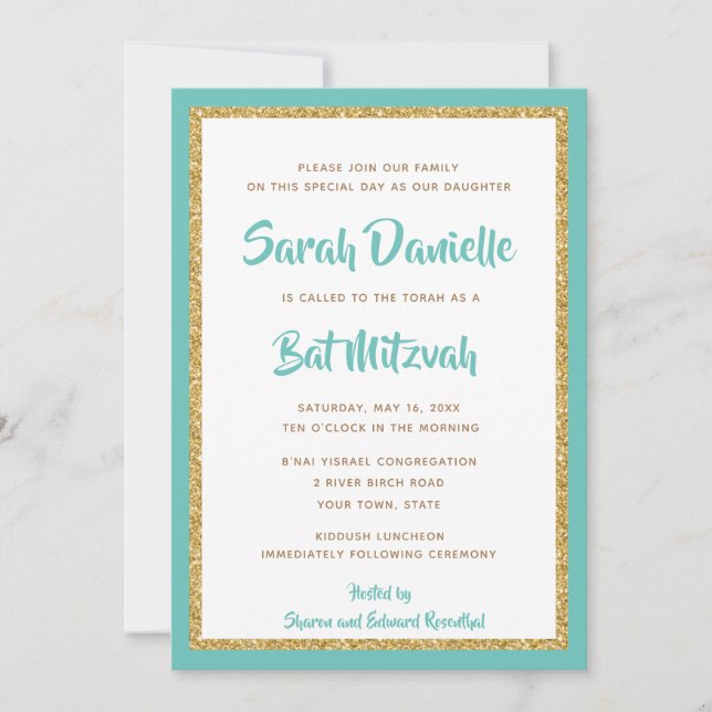 Convites Glittery Dourada e Teal Frame Bat Mitzvah (Frente)