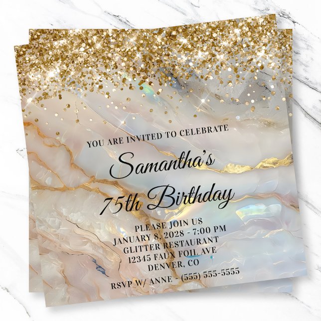Convites Glittery Dourada Marbled Opal 75º aniversário (Glittery Gold Marbled Opal 75th Birthday Invitation)