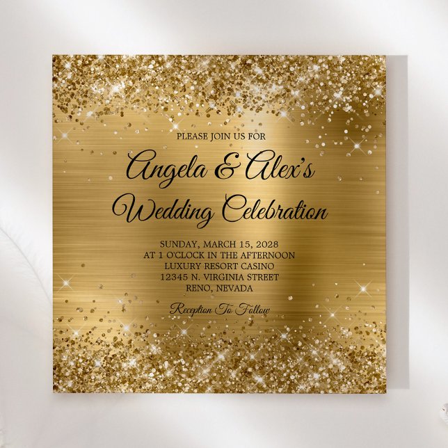 Convites Glittery Dourado Elegante Casamento (Square Invite)