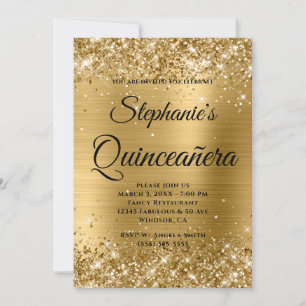 Convites Glittery Dourado Fólio Monograma Rebuscado Quincea