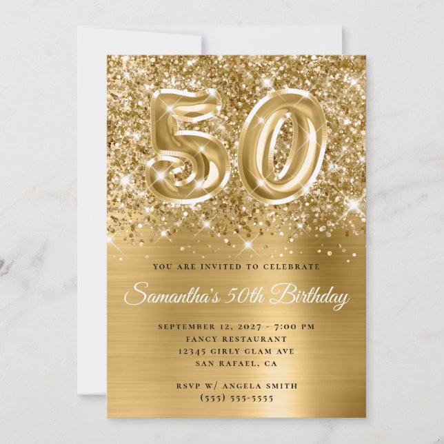 Convites Glittery Dourado Glam Number 50th Birthday (Frente)