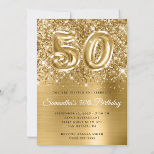 Convites Glittery Dourado Glam Number 50th Birthday