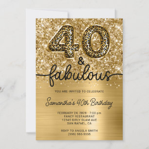 Convites Glittery Dourado Leopardo 40 e Fabulosa