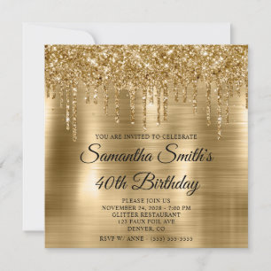 Convites Glittery Drives Gold Foil aniversário de 40 anos