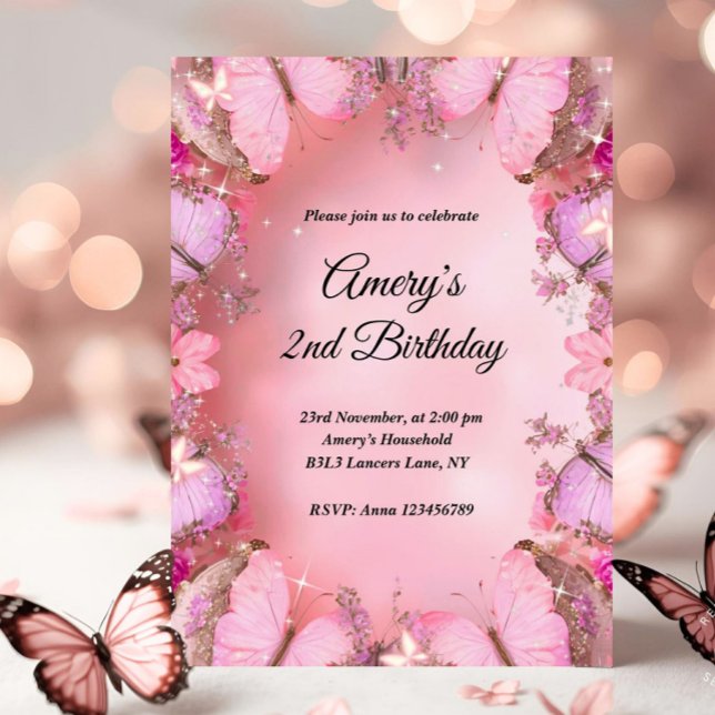 Convites Glittery Elegant Pink Purple Butterfly Birthday (butterfly birthday invitation, pink butterfly birthday, little butterfly birthday, our little butter)