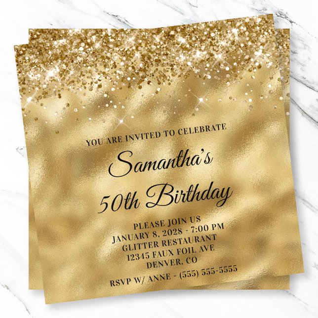 Convites Glittery Glossy Dourada Metallic Look 50th Birthda (Glittery Glossy Gold Metallic Look 50th Birthday Invitation)