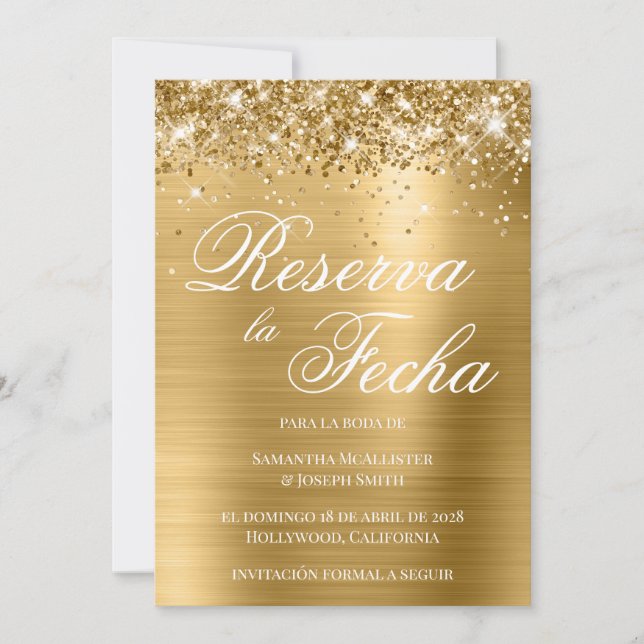 Convites Glittery Gold Foil Foto Reserva La Fecha (Frente)