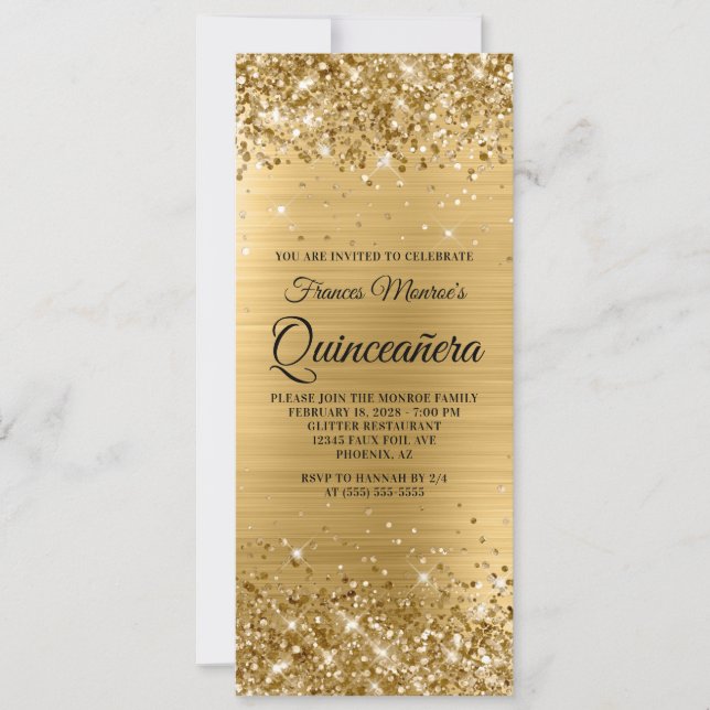 Convites Glittery Gold Foil Quinceañera (Frente)