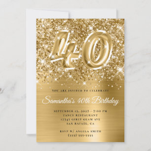 Convites Glittery Gold Glam Número 40 Aniversário