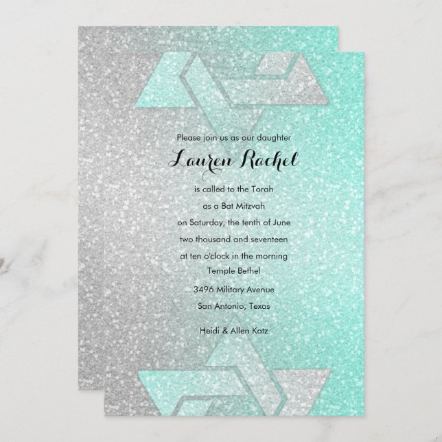 Convites Glittery Gradient Bat Mitzvah Aqua (Frente/Verso)