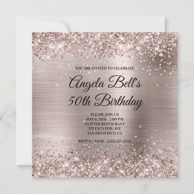 Convites Glittery Pink Champagne Faux Foil 50th Birthday (Frente)