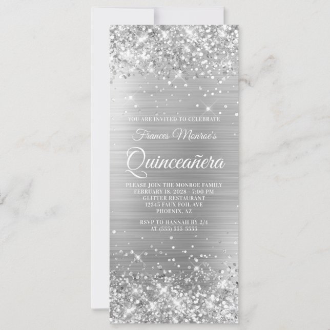 Convites Glittery Prata Folha 15 Quinceañera (Frente)
