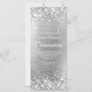 Convites Glittery Prata Folha 15 Quinceañera