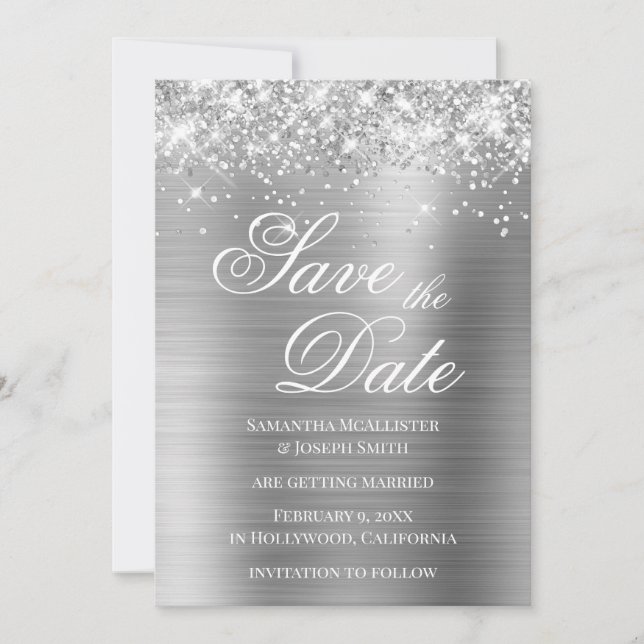 Convites Glittery Prata Folha Save the Date (Frente)