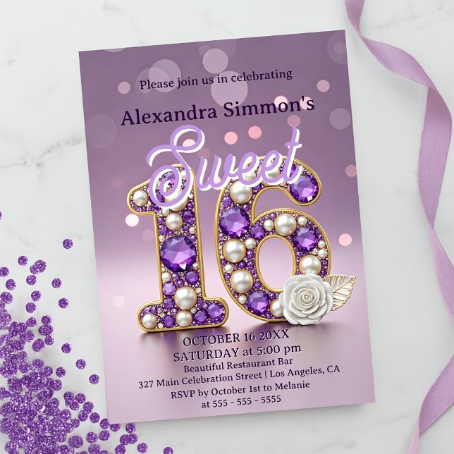 Convites Glittery Purple Gemstone & Pearl Sweet 16 Birthday (Criador carregado)