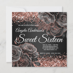 Convites Glittery Rosa Dourada Black Floral Glam Sweet Deze