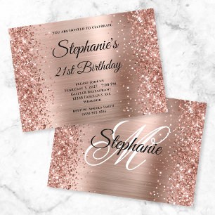 Convites Glittery Rose Gold Fancy Monograma Aniversário de