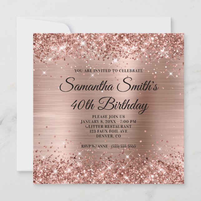 Convites Glittery Rose Gold Foil 40º Aniversário (Frente)