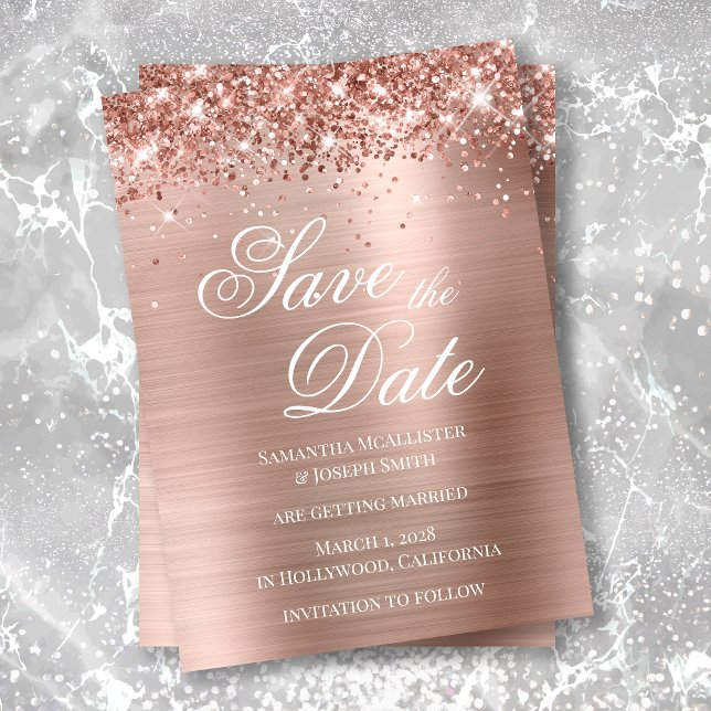 Convites Glittery Rose Gold Foil Foto Salve a Data (Criador carregado)