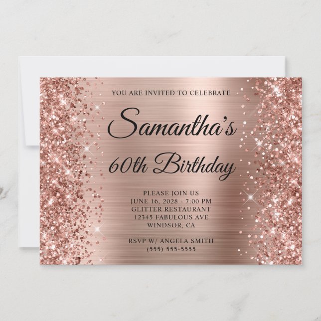 Convites Glittery Rose Gold Foil Monograma Aniversário de 6 (Frente)