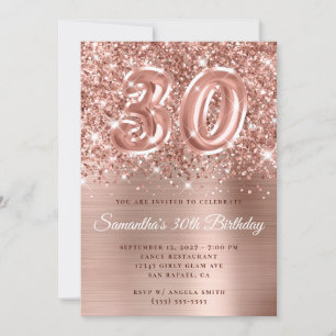 Convites Glittery Rose Gold Glam Número de 30º Aniversário