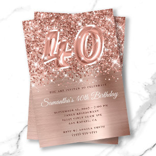 Convites Glittery Rose Gold Glam Número de 40º Aniversário