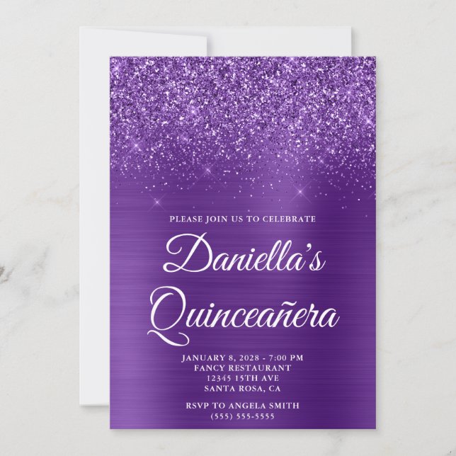 Convites Glittery Royal Purple Foil Quinceañera (Frente)