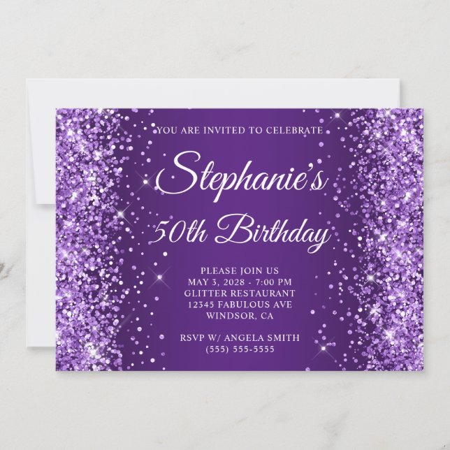 Convites Glittery Royal Purple Monograma 50º Aniversário (Frente)