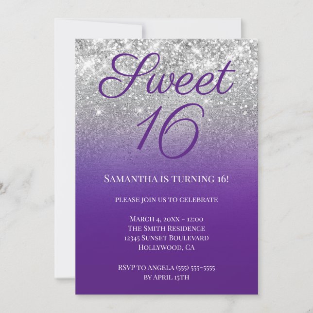 Convites Glittery Royal Purple Silver Ombre Sweet 16 (Frente)
