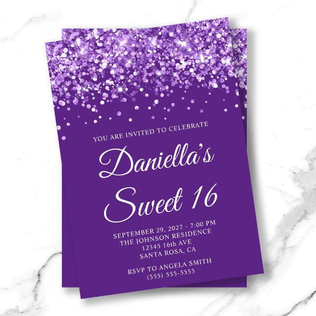 Convites Glittery Royal Purple Sweet 16 (Glittery Royal Purple Sweet 16 Invitation)