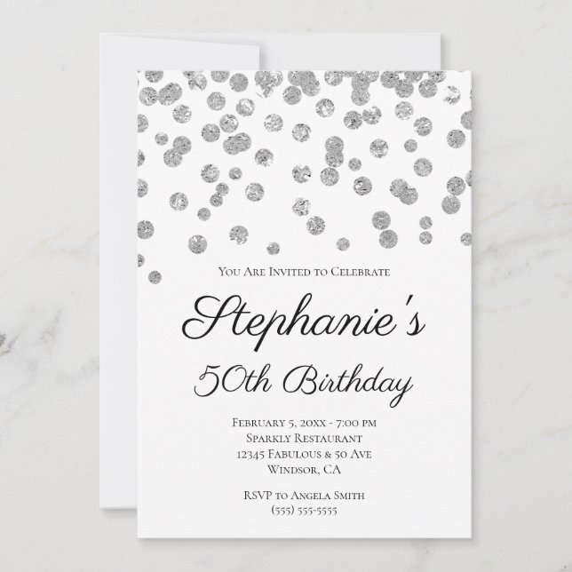 Convites Glittery Silver Confetti Elegant 50th Birthday (Frente)