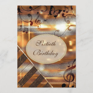 Convites Glittery Silver & Dourado Music Notes 60th Birthda