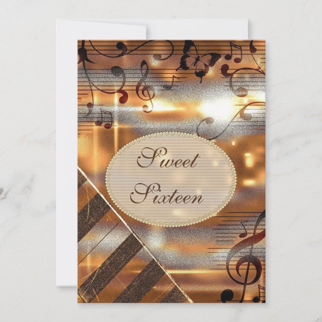 Convites Glittery Silver & Dourado Music Notes Sweet 16 (Frente)