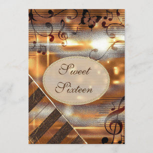Convites Glittery Silver & Dourado Music Notes Sweet 16