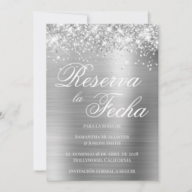 Convites Glittery Silver Foil Reserva La Fecha (Frente)
