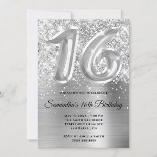 Convites Glittery Silver Glam 16º Aniversário