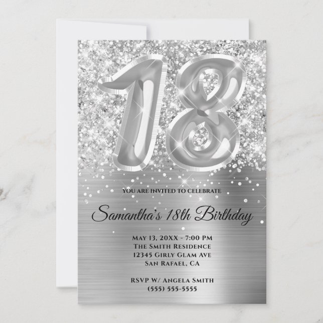 Convites Glittery Silver Glam 18º Aniversário (Frente)