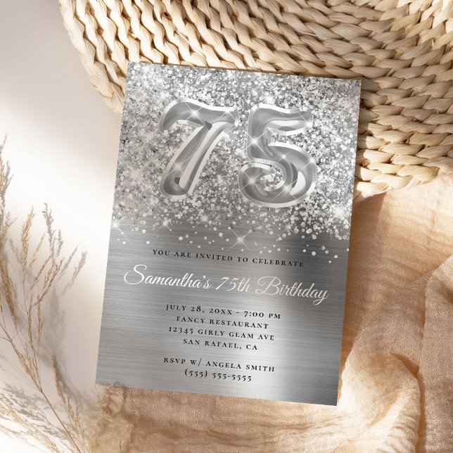 Convites Glittery Silver Glam 75º Aniversário (Create your own silvery 75th milestone birthday invite.)
