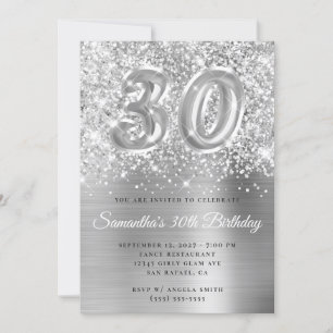 Convites Glittery Silver Glam Number aniversário de 30 anos