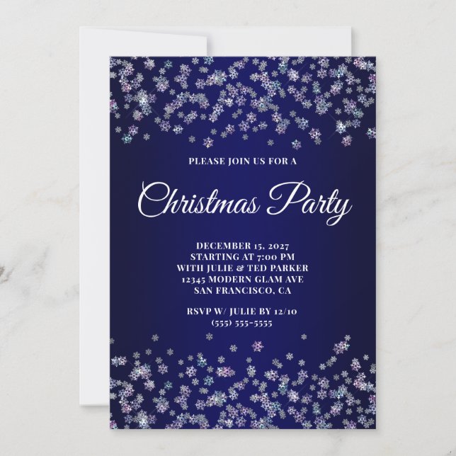 Convites Glittery Snowflakes Navy Ombre Christmas Party (Frente)