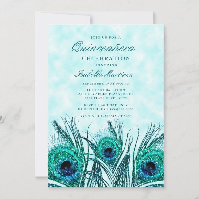 Convites Glittery Teal Blue Peacock Feather Quinceañera (Frente)