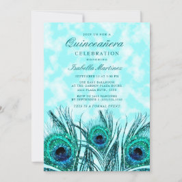 Convites Glittery Teal Blue Peacock Feather Quinceañera
