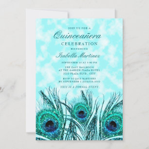 Convites Glittery Teal Blue Peacock Feather Quinceañera