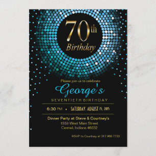 Convites Glitz Bling Confetti 70 Aniversário de ouro azul p