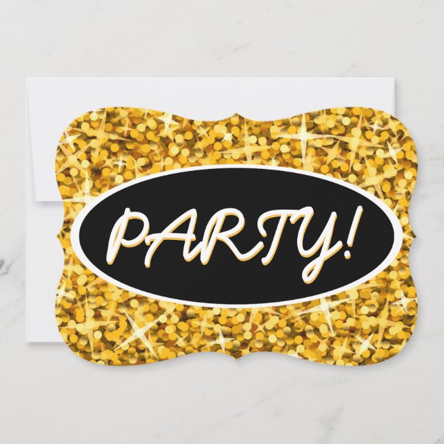 Convites Glitz "Dourado" 'Partido!' colchete oval preto (Frente)
