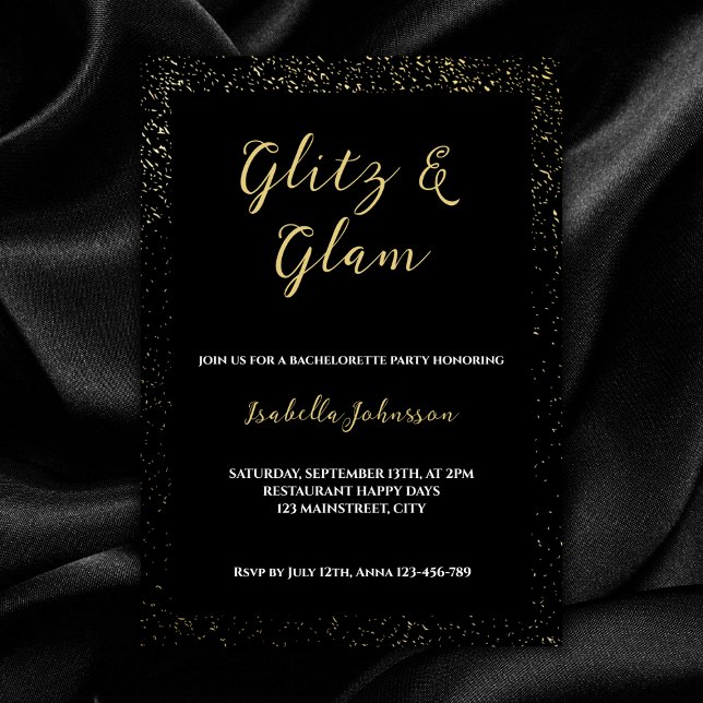 Convites Glitz & Glam Black Glitter Festa de solteira (glitz and glam bachelorette party invitation glitter glamour black golden)