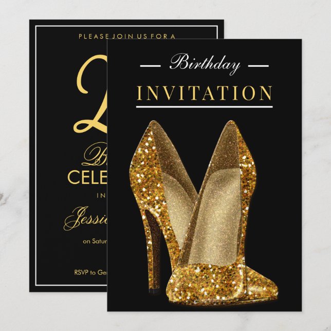 Convites Glitz & Glamour Gold 25º Aniversário (Frente/Verso)