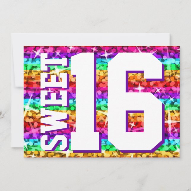 Convites Glitz Rainbow Stripe 'Sweet 16' horizontal (Frente)