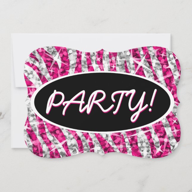 Convites Glitz Zebra Pink 'Party!' - Parêntese oval preto (Frente)